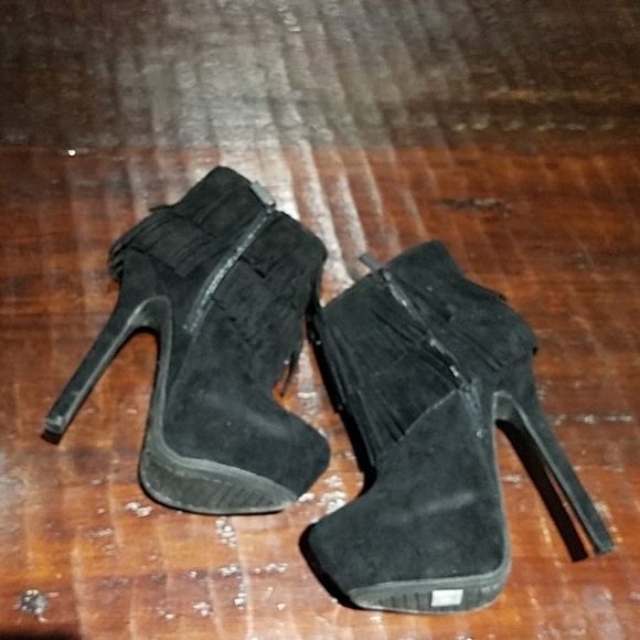 BLACK PLATFORM BOOTIES W FRINGES SUPER HIGH HEELS MOBWIFE CLUBWEAR GOING OUT - Picture 6 of 11